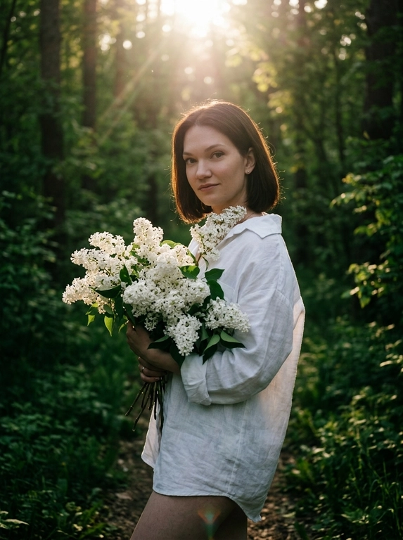 Кинематографичная фотореалистичная photography модели в лесу летом, снятая на Hasselblad X2D II 100C, 85mm lens, f/1.8, medium full shot, камера расположена на уровне талии и слегка сбоку. Модель стоит на узкой лесной тропинке среди густого зелёного леса, повернувшись вполоборота через плечо к камере. В руках она нежно прижимает к себе огромный букет цветов, отдельные ветки частично закрывают плечо и грудь. Выражение лица спокойное и чувственное, еле заметная улыбка, губы расслаблены, взгляд направлен прямо в камеру. На ней свободная белая длинная льняная рубашка oversize с длинными рукавами, натуральная слегка мятая ткань красиво подсвечивается солнцем. Кожа ровная, сияющая, с лёгким естественным загаром и realistic skin texture без plastic skin. Макияж soft natural glam: мягкий contouring, пушистые brows, длинные натуральные ресницы, subtle warm glow на коже. Тёплый золотой свет закатного солнца проходит сквозь деревья и создаёт cinematic backlight вокруг силуэта, мягкие солнечные блики на сирени и ткани одежды, глубокие зелёные тени в лесу. Атмосфера тихая, живая и немного dreamy, будто кадр из арт-фильма. Moody underexposed forest photography, warm golden highlights, rich deep greens, soft haze, subtle film grain, luxury Pinterest editorial aesthetic, ultra photorealistic RAW quality.

Какие будут цветы?: В руках белая сирень