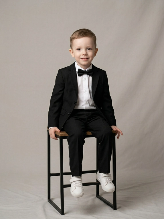 Фотография выполнена в студийном стиле на нейтральном сером фоне. Атмосфера снимка формальная, но с легким оттенком детской непосредственности.

Мальчику 3 года. Он сидит на высоком черном табурете. Ноги опущены вниз, стопы обуты в белые кроссовки. Руки лежат на коленях. На ребёнке надет черный классический костюм, состоящий из пиджака на двух пуговицах и прямых брюк. Под пиджаком видна белая рубашка с отложным воротником. На шее повязан черный галстук-бабочка. 
Освещение равномерное, без резких теней. Цветовая гамма сдержанная, преобладают черный, белый и серый цвета.
