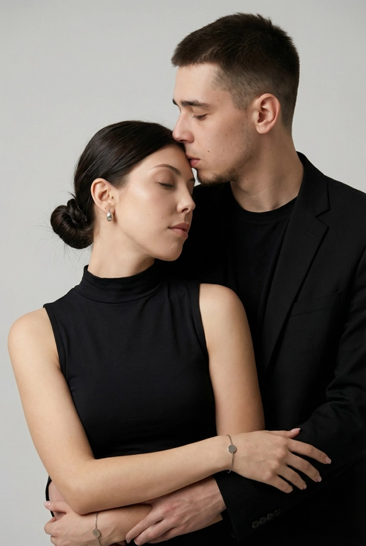   Мужчина и женщина позируют в студии в объятиях. Мужчина стоит позади женщины, обнимая её обеими руками; его тело повернуто к ней, голова слегка наклонена вниз, губы касаются её лба. Женщина немного отклоняет голову назад к его плечу, её глаза закрыты. Кадр — средний, от талии до головы, снят на уровне глаз. Композиция плотная, акцентирует линии рук и соприкосновение лиц. Женщина стоит, прямо обращённая к камере.
На ней облегающий чёрный топ без рукавов с высоким воротом, из плотной матовой ткани.
Мужчина одет в чёрную футболку и чёрную неброскую куртку. На обоих запястьях — тонкие металлические браслеты с минималистичными круглыми подвесками, а женщина носит небольшие светлые металлические серьги с гладкой поверхностью.
Обстановка минималистичная: однотонный светло-серый фон без текстуры.
Освещение — мягкий студийный свет: рассеянный фронтальный и боковой свет создаёт плавные переходы света и тени на лицах и руках. Тени мягкие, средней глубины. Контраст умеренный, без жёстких бликов. Свет равномерно распределён по фигурам, фон подсвечен мягко, без выраженных градиентов.
Съёмка на портретный объектив 85 мм, малая глубина резкости с чётким фокусом на лицах и руках; фон слегка размыт, текстуры кожи и ткани высоко детализированы. Это минималистичный студийный портрет, высокодетализированный и фотореалистичный.
Минималистичное романтическое студийное настроение, нейтральные тёплые тона кожи, низкая–средняя насыщенность, мягкое рассеянное освещение, средний контраст с нежными тенями, плавные переходы бликов, естественная передача кожи, чистый светлый фон, тонкий тональный баланс, современная мягкая редакционная цветокоррекция.

Волосы женщины собраны в низкий, гладкий пучок с аккуратно уложенными прядями.