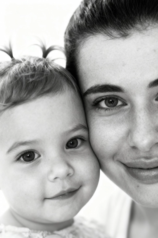 Сверхреалистичная черно-белая художественная фотография 8K женщины и ребенка, снятая очень крупным планом, щека к щеке так что видны только правая половина лица женщины и левая половина лица ребенка. которые смотрят в камеру. Их лица расположены рядом, почти соприкасаясь, образуя идеально сбалансированную симметричную композицию. Каждая деталь передана с фотографической точностью: тонкая текстура кожи и плавные градиенты света и тени. Видимая половина женщины включает ее бровь, один глаз , часть ее носа, щеку и губы, слегка приоткрытые в нежной, естественной улыбке, Видимая половина ребенка включает один глаз , круглую мягкую щеку, часть носа и небольшую улыбку, Фон белый и слегка размытый, что подчеркивает эмоциональную близость между ними. Освещение мягкое и рассеянное, создает деликатный контраст и тональную глубину. На снимке запечатлены нежность, близость и связь между матерью и ребенком, запечатленные с потрясающей реалистичностью. Не меняй черты лиц. 