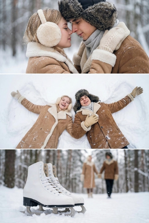   Зимняя фотосессия пары в заснеженном лесу. Мягкий дневной свет, лёгкий снегопад, холодная зимняя дымка. Она —в светло‑коричневой/бежевой дублёнке с видимым меховым воротником и манжетами и пушистых наушниках. Он — в коричневой дублёнке с меховыми манжетами, шапка- ушанка и светло-серый шарф. Атмосфера спокойная, романтичная, натуральный зимний пейзаж без лишнего декора. 

На одежде видны снежные хлопья, вещи выглядят мягкими и тёплыми.

Коллаж из трёх горизонтальных зимних кадров 

На верхней панели: Сверхкрупный план, их лбы/носы соприкасаются в нежном, интимном жесте. Ощущение близости и уюта.

На среднем панели:  Вид сверху на пару, они лежат на спине и делают снежного ангела, раскинутые руки, она в кремовых вязаных варежках, он в бежевых кожаных перчатках.

На нижней панели: Крупный план детали: белые классические фигурные коньки на фоне пары