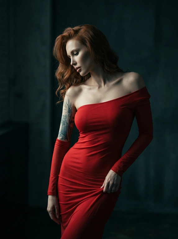 В минималистичной студии женщина в облегающем платье из тонкой ткани с длинными рукавами и спущенным одним плечом плавно выгибает корпус, голова склонена влево и опущена. Одной рукой она тянет подол у бедра. Жёсткий луч света слева подчёркивает ключицы и складки ткани, справа остаётся густая тень. Вертикальный кадр, средний план, лёгкий нижний ракурс, 50 мм, f/2.0.
Цветное изображение с глубокой, тёмной плёночной цветокоррекцией: приглушённые оттенки, холодные тени с лёгким сине-зелёным (teal) подтоном, тёплые, но сдержанные акценты кожи, мягкое выцветание светов, эффект киноплёнки, высокий контраст, деликатное плёночное зерно, кинематографическая атмосфера, 4K.

Какая будет прическа?: Волосы уложены в мягкие объёмные волны с гладкой, ухоженной текстурой и выраженным объёмом у корней.

Какого цвета будет платье?: Цвет платья на модели красное.