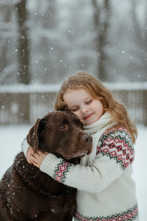 Соответствие лица: сохраняйте точные черты лица, структуру костей, разрез глаз, форму губ, текстуру кожи и оттенок по загруженной фотографии, максимально соответствует индивидуальности] -> Человек с мягкой улыбкой, полузакрытыми от счастья глазами -> нежно обнимает собаку, щека прижата к пушистой шее собаки, обе руки обвиты вокруг груди и шеи собаки, снежинки тают на шерсти и волосах., нежное, любящее выражение лица -> в кремово-белом толстом свитере скандинавской вязки с традиционным красно-зеленым рождественским рисунком на рукавах и воротнике,  в белом вязаном шарфе, свободно повязанном на шее -> на улице в сильный снегопад. В кадре видно морду собаки. Собака породы шоколадный лабрадор-ретривер