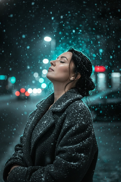 Сверхдетализированное, кинематографичное фото в разрешении 4K, стиль: эмоциональный реализм, темная зимняя эстетика. Крупный план (по пояс). Персонаж стоит на улице ночью во время снегопада. Голова запрокинута назад, лицо обращено к небу, глаза закрыты в выражении спокойствия и наслаждения моментом, словно вдыхая холодный морозный воздух. Волосы выглядят живыми, блестящими и очень детализированными. Персонаж одет в объемное темно-серое (антрацитовое) пальто из грубой шерсти. Текстура ткани мягкая, ворсистая, на ней видны осевшие белые снежинки. Идет густой снег, в воздухе множество снежинок разного размера — некоторые четкие, некоторые размыты в движении. Фон сильно размыт (малая глубина резкости), это ночной город. Ключевой свет: прямо за головой и чуть выше светятся крупные круглые огни холодного бирюзового (cyan/teal) цвета, создающие красивое боке. Слева вдалеке видны красноватые размытые огни (например, стоп-сигналы). Общая цветовая гамма — холодная, контрастная: черный, серый, электрический синий. Снято на светосильный объектив (f/1.8), фокус на ресницах и губах, эффект ветра, высокая четкость, фотореализм, RAW color grading, мрачная атмосфера.