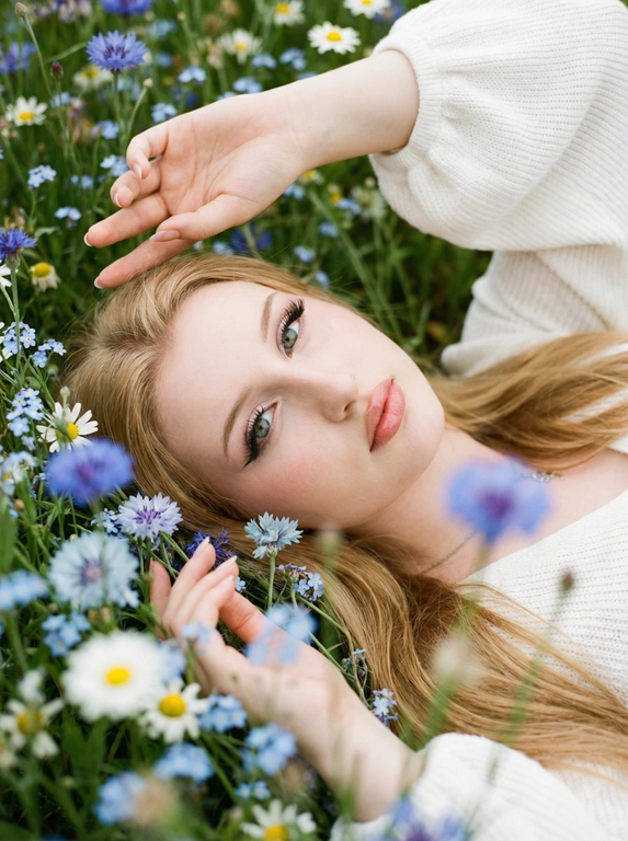 Экстремально крупный, кинематографичный портрет лица человека, лежащего среди густых полевых цветов, камера максимально близко — в кадре преимущественно лицо, черты сохранены без изменений, вокруг море цветов, создающее ощущение мягкого природного кокона, одна рука изящно поднята над головой, вторая мягко касается цветов рядом, на переднем плане сбоку частично размытые, не в фокусе цветы добавляют глубину и лёгкое ощущение движения, одета в летнее белое вязаное платье с объёмными рукавами, мягкая текстура ткани едва читается, естественный мягкий свет подчёркивает кожу и блики в волосах, малая глубина резкости, художественное боке, атмосферный кадр с деликатным плёночным зерном.



Какие будут цветы?: Цветы нежно-голубых, синих и белых оттенков.