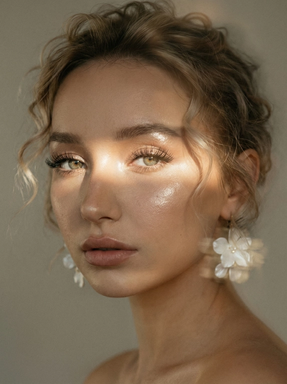 Кинематографический эффект с добавлением зерна. Ультрареалистичный, экстремально крупный портрет части лица девушки: на неё падает солнечный свет полосой, освещая глаза; её голова немного повёрнута в сторону. Тело подсвечено хайлайтером. Макияж лёгкий, с насыщенным хайлайтером; ресницы длинные, пышные. Она смотрит в камеру со спокойным, созерцательным выражением. Освещение мягкое, с лёгким акцентом на её лицо, создаёт нежные тени и подчёркивает черты. В ушах — серьги в виде белых цветов. Фон минималистичный и нейтральный, что усиливает спокойную и элегантную атмосферу. Фото смазанное, как будто сделано в движении, с двойной экспозицией.


Какая будет прическа?: Легкие кудри на короткие волосы 