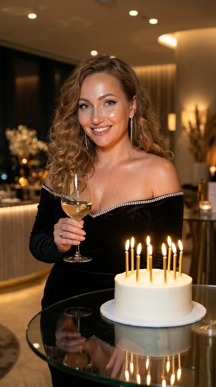 Максимально реалистичная фотография, стиль luxury birthday evening, уютная атмосфера дорогого современного ресторана.
Средний план, лёгкий нижний ракурс. Женщина стоит в левой части кадра, естественно держит бокал белого вина и смотрит прямо в камеру с лёгкой искренней улыбкой. Поза расслабленная, без постановочности.
Кожа слегка загорелая, с естественным тёплым сиянием и деликатным шиммером. 
Макияж: ровный естественный тон с эффектом dewy skin, мягкий бронзер и тёплый румянец, деликатный хайлайтер на скулах и переносице. Выразительные глаза с тонкими чёрными стрелками и длинными ресницами. Губы  пудрово-коричневого оттенка, с мягким контуром и лёгким глянцевым блеском.
На переднем плане — прозрачный стеклянный стол. На нём стоит белый праздничный торт без надписей, украшенный тонкими изогнутыми золотыми зажжёнными свечами. Пламя свечей естественно отражается в стекле.
Интерьер ресторана современный и уютный: тёплые приглушённые источники света, элегантные детали, мягкое боке на заднем плане.
Лицо освещено яркой вспышкой смартфона, создающей естественные блики и мягкие тени. Лёгкое размытие движения в волосах и отдельных деталях, небольшая цифровая зернистость.
Качество как у iPhone 17 Pro: живая естественная фотография, реалистичная текстура кожи с видимыми порами, натуральные волосы, ткань и свечи, мягкая резкость, естественные цвета, без пластиковой ретуши, HDR и AI-артефактов. Фотореализм, cinematic lifestyle, настоящий день рождения.

Какая будет одежда?: На женщине короткое облегающее платье из плотного чёрного бархата с глубоким скульптурным декольте и открытыми плечами. По линии декольте проходит тонкая ювелирная отделка из мелких кристаллов, создающая эффект встроенного украшения. Бархат поглощает свет и даёт глубокие роскошные тени, а кристаллы резко вспыхивают под смартфонной вспышкой. Образ дополнен длинными серьгами с прозрачными камнями и тонким кольцом. Вайб очень дорогой, вечерний, сексуальный и без дешёвого блеска.

Какая будет прическа?: Волосы густые, объёмные, уложены в мягкие волны.