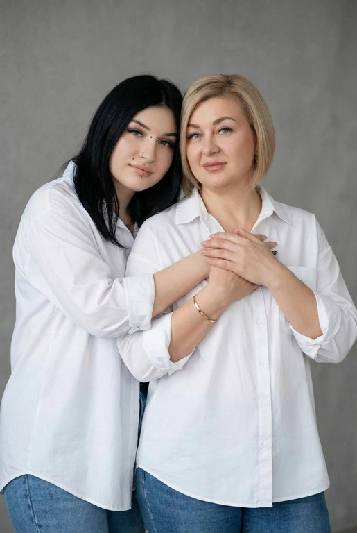 Используй эти два фото мамы и дочери и создай для них студийный портрет в чистом и элегантном стиле. Они стоят рядом, очень близко друг к другу. Дочь мягко обнимает маму за руку и слегка к ней прижимается со спины. Мама сложила руки перед грудью. Образ минималистичный, современный и стильный. На руке у матери тонкий золотой браслет. Профессиональный макияж и прическа.  Не менять черты лица ни на 1 процент. Фон — нейтральный серый с мягкой текстурой. Освещение рассеянное, мягкое, подчёркивающее естественные тона кожи. Атмосфера тёплая, нежная и спокойная, в стиле журнальной съёмки. Обе в свободных стильных белых рубашках с подвернутыми рукавами и джинсах.