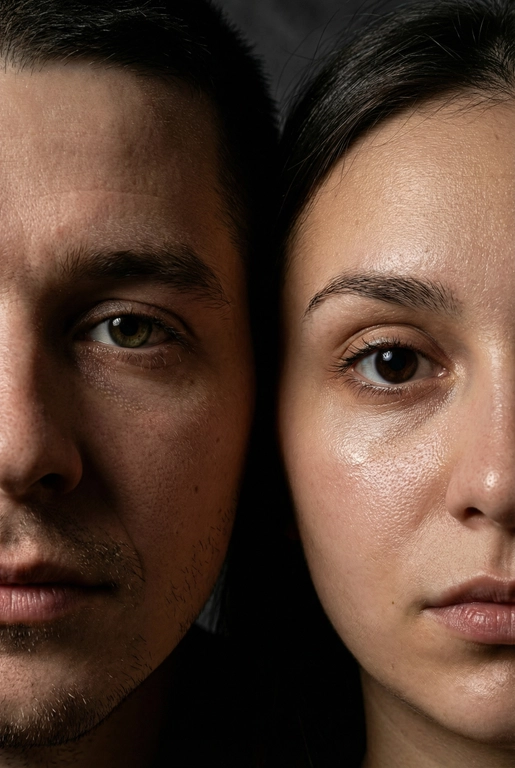   создай портрет, не меняя черты лица. Крупный план (extreme close-up) двух лиц людей, их лица прижатых друг к другу. Видны только половины каждого лица.
Драматичное освещение в стиле чиароскуро, глубокие тени.
Невероятная детализация кожи: видны поры, текстура, естественный блеск у женщины.
Выразительный взгляд прямо в камеру. Высокое разрешение, макросъемка, профессиональное студийное фото, 8K.