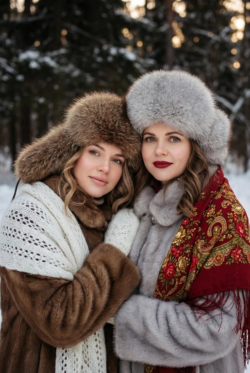 Создай кадр, который представляет собой теплый, уютный, слегка ностальгический зимний портрет в фэшн/фолк-стиле. Атмосфера спокойная, элегантная, дружеская близость двух моделей; сочетание высокой моды (мех, профессиональная ретушь) и фольклорной эстетики (вышитый шарф). Композиция и позирование: Форма кадра: портретный, вертикальный (соотношение примерно 3:4). Расположение: две женщины в центре кадра, тела и головы видны на груди; правая модель немного ближе к камере. Позы: девушки стоят близко друг к другу, левая модель слегка опирается на правую; плечи слегка повернуты к камере. Взаимодействие: мягкая улыбка, закрытое выражение лица, взгляд в камеру; дружелюбный, уверенный тон. Лица и макияж: Кожа: гладкая, естественная текстура, легкий эффект сияния. Глаза: аккуратные блики – оживляют взгляд; нейтральный/теплый макияж теней. Брови: естественная форма, слегка очерчены. Губы: у правой модели насыщенный матовый красный (центральный акцент), у левой – нежно-розовый нюдовый. Волосы: свободные пряди вокруг лица, несколько прядей с легкой волной для естественности. Шапки: большие пушистые меховые шапки с очень четко выраженной текстурой меха; справа – светло-серый мех, слева – коричневый мех. Форма: высокие, округлые, плотно сидят на голове, частично закрывают лоб – создают силуэт и рамку для лица. Верхняя одежда и текстуры: меховые пальто: густой натуральный мех у левой модели коричневый, у правой модели – светло-серый тон с видимым направлением волосков; богатая текстура и объем. У девушки справа на правом плече маленький платок с традиционным русским орнаментом – яркие цветы и листья, на фоне глубокого красного цвета с золотисто-терракотовыми, зелеными деталями; Тонкая бахрома ниспадает на ее плечо. У девушки слева на левом плече небольшой вязаный белый шарф с крупным ажурным узором, что добавляет контраста в текстуре и цвете. Окружение и фон: Лес: темные хвойные деревья, вертикальные силуэты стволов; снег на земле/вдали — размытый фон (боке).