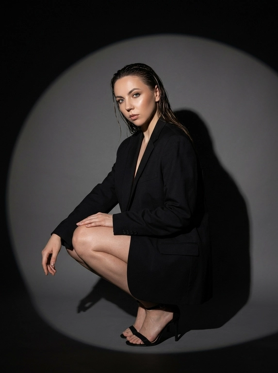 Модная студийная съёмка в стиле fashion editorial. Не менять внешность женщины. Женщина одета в только в чёрный оверсайз пиджак. Профессиональный макияж с акцентом на кожу и глаза. Один направленный прожектор формирует чёткое круглое световое пятно на темно-сером бесшовном гладком фоне и выразительную тень за спиной. Контрастный кинематографичный свет, глубокие тени, драматичный минимализм. Атмосфера — уверенность, сила, эстетика high fashion. высокая детализация кожи, реалистичная текстура, съёмка уровня модного журнала. Средний план. Женщина сидит на корточках, одна рука лежит на колене, корпус слегка наклонён вперёд. Уверенный прямой взгляд в камеру. На ногах чёрные босоножки на тонком каблуке. Чёткая тень позади усиливает драматизм кадра.

Какая будет прическа?: Эффект мокрых волос