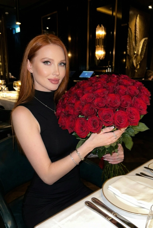 Женщина в дорогом ресторане сидит за сервированным столиком. Не меняй внешность, цвет волос и стрижку. Темное фото, теплые огни. В руках у нее огромный букет из 51 красной розы. Спонтанное фото в движении, немного смазано. Гламурный, но естественный макияж, серебряный браслет на руке, кольца, нежный маникюр. На шее тонкая серебряная цепочка и маленький кулон. Она смотрит в камеру, легкая улыбка.

Она одета в черное платье без рукавов с высоким воротником