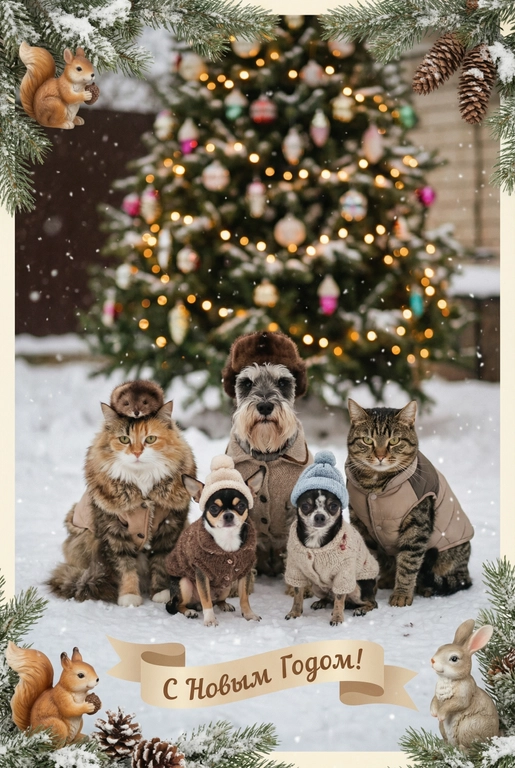   создай новогоднюю фотографию в стиле советского фильма: лица максимально похожи на исходное фото, на улице, в старой зимней одежде (пальто/шуба с меховым воротником, меховая шапки из ондатры или норки). Идёт снег. На фоне размытая украшенная советскими стеклянными игрушками ёлка с гирляндами и тёплыми огоньками. Внизу бежевая декоративная лента с надписью. Рамка по краям из еловых веток со снегом, добавить шишки, белочек и зайчиков. Атмосфера уюта и ностальгии, мягкие кистевые мазки, тонкая плёночная зернистость, мягкая глубина резкости. Надпись на ленте: "С Новым Годом!"