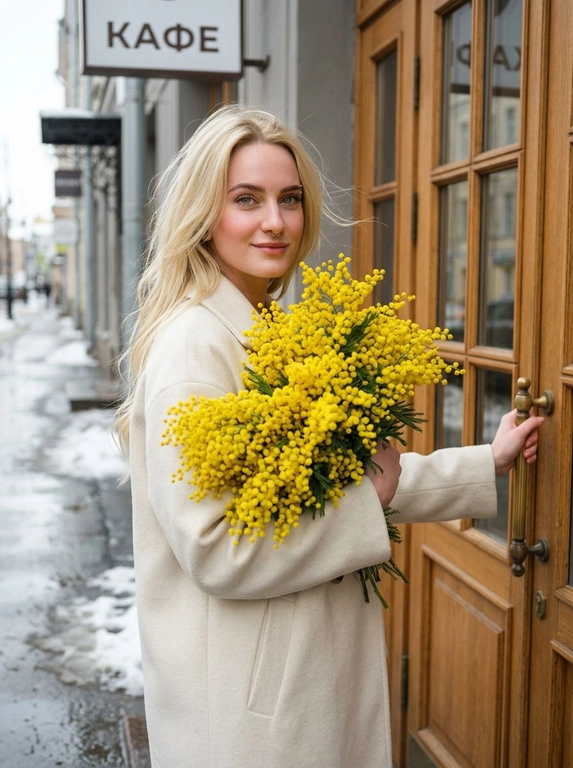 Сохранить черты лица и внешность, возраст, натуральный тон без ретуши. Средне-крупный план (от талии вверх), камера слева от женщины, лицо занимает не менее 35% кадра. Женщина стоит у входа в городское кафе с деревянной дверью и стеклянными вставками, корпус слегка развернут в 3/4 к камере. Лицом к двери, одной рукой держит ручку закрытой двери, другой прижимает к груди огромный пышный букет ярко-жёлтой мимозы. На ней элегантное светлое пальто (молочный оттенок), свободный крой. Волосы как на исходном фото слегка взъерошены ветром Мягкое выражение лица, лёгкая улыбка, взгляд в камеру. Атмосфера начала весны: тающий снег по краям улицы, влажный асфальт, мягкий рассеянный дневной свет, лёгкая прохлада в воздухе. Цветовая палитра нейтральная с ярким акцентом жёлтой мимозы. Фотореализм, натуральная текстура ткани и цветов, без HDR, без пластика, мягкий контраст, 35mm look.