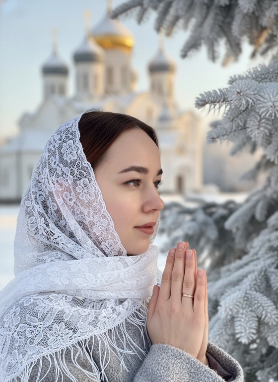 Создай портрет, не меняя черты лица. Черты лица в точь точь как на фото. Профессиональный макияж и прическа. Фотопортрет крупным планом женщины в полу профиль, ладони сложены вместе в молитвенном или мирном жесте. На ней изысканный белый полупрозрачный  платок, покрывающий голову.  На заднем плане — размытый силуэт православного храма с золотыми куполами под заснеженными крышами. Зимнее утро, мягкий солнечный свет пробивается сквозь ветви ели, покрытые инеем. Высокая детализация кожи, текстуры кружева и снега. Атмосфера чистоты и духовности, гиперреализм, 8k. Реалистичные текстуры зимней одежды и хвои в инее.