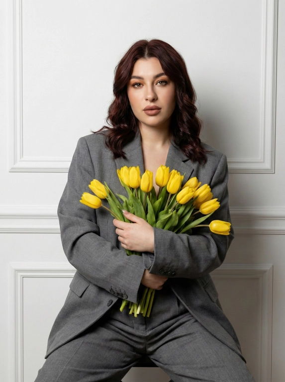   создай портрет, не меняя черты лица.  Портрет красивой молодой женщины,  волнистыми  волосами цвет как на фото. Она одета в объемный серый пиджак (оверсайз) на голое тело и брюки в тон.  В руках она держит большой букет ярко-желтых тюльпанов. У женщины безупречный макияж в теплых тонах, акцент на глаза и полные губы с матовой помадой. Фон минималистичный, белая стена с классической лепниной. Мягкое студийное освещение, высокая детализация кожи и текстуры ткани, эстетика модного глянца. Стиль "Old Money" смешанный с современным фешн-фото. Освещение мягкое, создающее глубокие тени. Фон — светлый классический интерьер. белый фон с молдингами, фотосессия в студии, высокое разрешение, реализм.