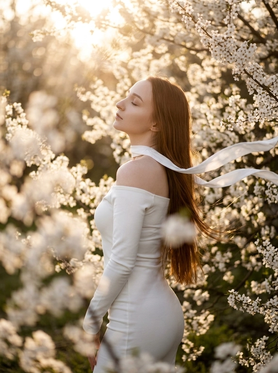 A woman standing among dense white blooming branches.
Side profile, body turned away, head tilted back upward toward the light, eyes closed.
Framing from mid-thigh to head.
Camera slightly below eye level, 85mm look.
Clothing:
Long white fitted dress with long tight sleeves and off-shoulder design (bare shoulders).
Accessory (CRITICAL):
A thin white ribbon scarf around her neck, very light fabric.
The ribbon flows in the wind and extends across the frame.
Flowers (CRITICAL):
Dense white blossoms surrounding the subject exactly like the reference.
Foreground flowers heavily blurred, partially covering bottom and right side.
Background filled with soft white blossoms and warm bokeh.
Lighting:
Golden hour sunlight from top right, strong warm backlight, glowing rim light on hair and shoulders, sun visible through branches.
Shallow depth of field, subject sharp, foreground/background soft.
Warm cinematic tones, soft highlights, photorealistic, high detail.