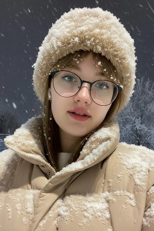 Селфи крупным планом, сделанное ночью на улице во время сильного снегопада. У женщины выразительные волосы и выразительные глаза, на ресницах и волосах которой лежат снежинки. На ней зимняя шапка из искусственного меха, почти полностью покрытая снегом, и пуховая куртка, припорошённая снегом на плечах и воротнике.
Освещение: мягкий холодный ночной свет сверху и немного спереди, создающий лёгкое свечение на щеках и лёгкие блики на куртке.
Поза: она держит камеру чуть ниже уровня глаз, уверенно снимая своё лицо снизу вверх; губы слегка приоткрыты, выражение лица спокойное, но выразительное. Фон: тёмное зимнее ночное небо, едва заметные ветви деревьев, слегка покрытые инеем, минимальная видимость для создания драматического настроения. Атмосфера: холодная, кинематографичная, с чистой зимней энергией; стильный современный снежный портрет с естественной текстурой и деталями. Шапка и куртка бежевого цвета.