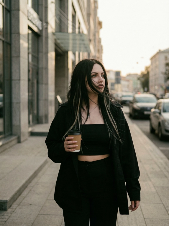 Фотореалистичный цветной кадр, как стоп-кадр. Женщина идёт вдоль городского тротуара, параллельно фасаду здания. Плечи развёрнуты ровно к камере. Правая рука опущена вдоль тела, левая держит стакан кофе на уровне груди. Волосы уводит ветром вправо, часть прядей пересекает лицо. Взгляд направлен вправо. Одежда: чёрный короткий топ без бретелей, чёрный оверсайз-пиджак, чёрные брюки. Слева расположен красивый современный городской фасад с аккуратной архитектурой, справа — мягко размытая улица и машины. Свет тёплый, кинематографичный, слегка приглушённый. Заниженная экспозиция, низкая контрастность, мягкий film look, лёгкая дымка, без HDR, без clean digital. Снято на плёночный фотоаппарат.