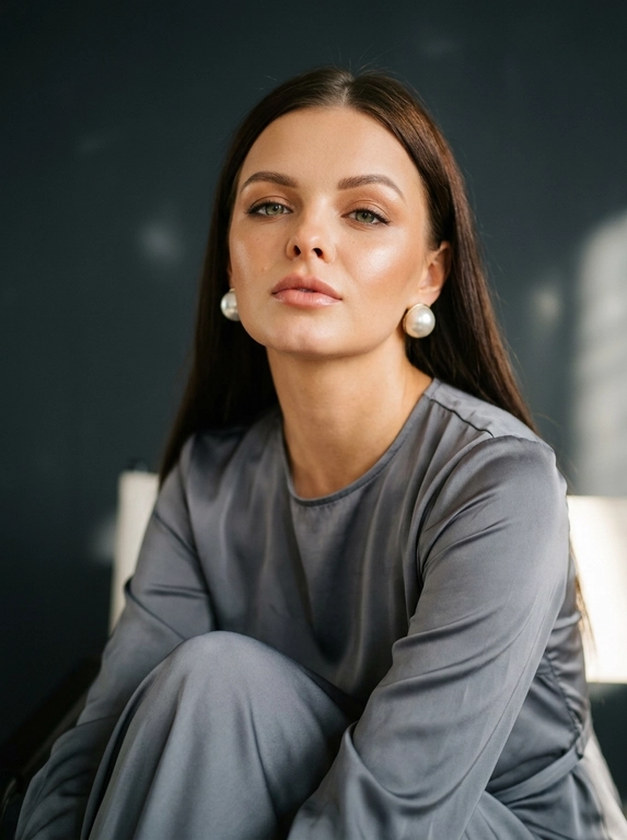 Создай портрет, не меняя черты лица. кинематографический портрет крупным планом, Модель сидит в расслабленной позе, слегка наклонив туловище вперед, смотрит в камеру, губы слегка приоткрыты, подбородок приподнят.  На ней струящееся шелковое платье серого цвета.  Яркий солнечный свет освещает ее лицо, подчеркивая структуру костей, скулы и сияющую бронзовую кожу. Крупные жемчужные круглой формы серьги переливаются на солнце. Фон - темно-серая стена с мягким акцентом и едва заметными солнечными бликами. Атмосфера утонченная и кинематографичная, она создает ощущение современного шика и внутреннего покоя. Цветовая палитра включает графит, жемчужно-белый и теплую бронзу, а мягкий свет подчеркивает сияние кожи и ткани. Снимок сделан в стиле серии портретов Vogue, в котором достигнут идеальный баланс света, тени и сдержанной роскоши.снятый на камеру Leica SL2-S с объективом Noctilux 50 мм f/0.95.