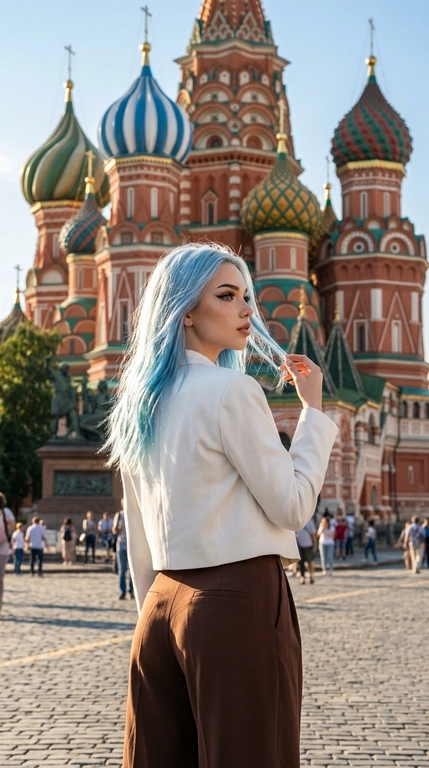 Фотореалистичная атмосферная фотография женщины на фоне Собора Василия Блаженного в Москве. Женщина стоит спиной и боком к камере, корпус развёрнут от объектива, голова повернута в профиль вправо, взгляд направлен вдаль. Одна рука поднята к волосам, пальцы легко касаются прядей у лица.

Волосы слегка развеваются на ветру и подсвечены солнцем.

Макияж soft glam: естественная текстура кожи, мягкий румянец, аккуратные брови, тонкая коричневая стрелка, выразительные ресницы и натуральные пудрово-розовые губы.

На женщине структурированный белый жакет свободного кроя с чёткой линией плеч, надетый поверх лаконичного топа. Низ — широкие брюки глубокого шоколадного оттенка с высокой посадкой и мягкими складками. Образ современный, чистый и более fashion.

Собор Василия Блаженного занимает большую часть заднего плана, хорошо читаются красно-белые фасады и разноцветные купола. Женщина расположена в нижней центральной части кадра, архитектура эффектно возвышается над ней.

Камера находится немного ниже уровня плеч и снимает слегка снизу вверх, подчёркивая масштаб собора. Средний план, женщина показана примерно от бёдер.

Яркий солнечный дневной свет. Солнце находится сбоку и немного сзади, создавая золотистый контровой свет по волосам и плечам, естественные блики и мягкие тени на лице.

Чистое голубое небо, лёгкая летняя дымка, натуральная городская атмосфера, высокая детализация архитектуры, реалистичная текстура кожи и волос, лёгкая плёночная обработка, живой travel-fashion кадр без AI-эффекта.

Доп. характеристики: Без короны