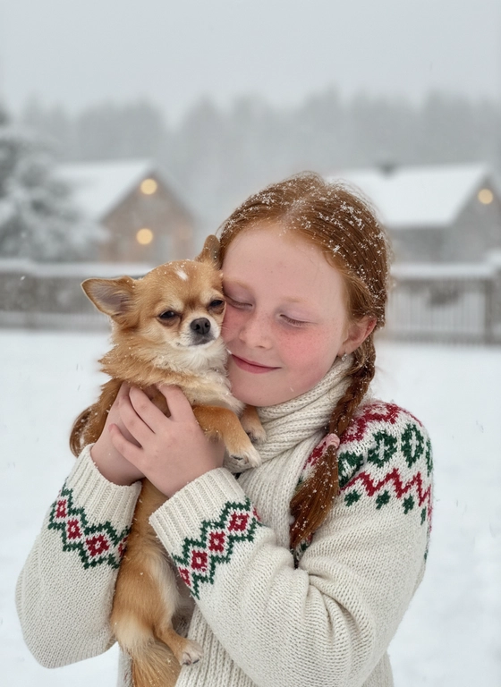 Соответствие лица: сохраняйте точные черты лица, структуру костей, разрез глаз, форму губ, текстуру кожи и оттенок по загруженной фотографии, максимально соответствует индивидуальности] -> Человек с мягкой улыбкой, полузакрытыми от счастья глазами -> нежно обнимает собаку, щека прижата к пушистой шее собаки, обе руки обвиты вокруг груди и шеи собаки, снежинки тают на шерсти и волосах., нежное, любящее выражение лица -> в кремово-белом толстом свитере скандинавской вязки с традиционным красно-зеленым рождественским рисунком на рукавах и воротнике,  в белом вязаном шарфе, свободно повязанном на шее -> на улице в сильный снегопад. В кадре видно морду собаки. Собака породы оранжевый чихуахуа 