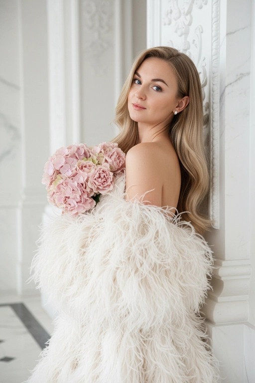 Создай крупный плечевой портрет, не меняя черты лица.Детальный крупный портрет элегантной женщины в эффектном, роскошном, модном платье. Женщина с волнистыми волосами. Одежда представляет собой объемное творение кутюр, полностью сделанное из больших, текстурированных, кремово-белых перьев, уложенного с открытыми плечами, чтобы обнажить декольте  Женщина стоит в динамичной, чувственной позе, прислонившись к белой классическому архитектурной стене. На ней серьги-гвоздики жемчужные . На заднем плане представлен грандиозный, классический интерьер/экстерьер - ярко-белая мраморная или лепная стена. Редакционное освещение, мягкое и рассеянное, подчеркивающее текстуру перьев и кожи.в руках букет. Высокое разрешение, сверхдетализация, модная фотография Букет из пудрово-розовых гортензий и роз