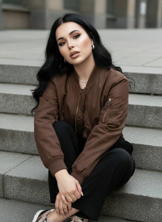 Фотореалистичная street-fashion сцена, городская архитектура: широкие серые каменные ступени, мягкий дневной свет. Камера сверху (~45°), вертикаль, кадр по колени.
Девушка сидит, подтянув колени, обнимает их, корпус слегка вперёд, взгляд поднят к камере. 
Сохранить 100% сходство с референсом, черты лица без изменений.
Макияж — тёплый glow: сатиновая кожа, лёгкий бронзер, мягкие скулы, smoky eyes, объёмные ресницы, нюдовые пухлые глянцевые губы. Волосы — мягкие волны, естественный объём.
Образ: укороченный бомбер шоколадного цвета, базовый топ, свободные брюки черные, кроссовки, минималистичные украшения.
Детализированная текстура кожи и тканей, ощущение современного street-style без CGI.