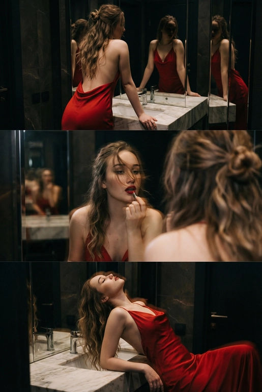 Создай не меняя черты лица. Экстремально реалистичный кинематографичный триптих, как живая серия фотографий из Instagram, снятая в зеркальном туалете дорогого ресторана. Вечер, интимная атмосфера, отражения в зеркалах, приглушённый свет, ощущение роскоши и ускользающего момента. Весь триптих объединён одним образом и единым настроением, с лёгким зерном, как будто кадры сняты в движении, естественно. В верхней части женщина стоит спиной облокотившись на раковину рукой, лицо в тени спина освещена, в отражениях зеркал видна её фигура, на ней одно и то же красное платье с открытой спиной, ткань струится и выглядит дорого, чувственно. Свет мягко скользит по плечам и линии спины, создавая глубокие тени и драматичный силуэт. В средней части экстремально близкий ракурс лица через зеркало, женщина смотрит на своё отражение и поправляет помаду, жест живой и естественный. Лицо частично в фокусе, частично слегка размыто, ощущение движения и дыхания кадра. Пышные ресницы, выразительный взгляд, блики света в зеркале, локоны из пучка падают на лицо, добавляя интимности. В нижней части девушка запрокинула голову и облокотилась о раковину, глаза закрыты, поза расслабленная, уязвимая, словно она на секунду выпала из шумного вечера. Платье то же самое, красное, ткань ловит приглушённый свет, усиливая глубину цвета и теней. Во всех кадрах приглушённое освещение, cinematic lighting, мягкие тени, отражения зеркал, лёгкое зерно и небольшой motion blur без резкой чёткости и глянца. Цвета глубокие, насыщенные, но сдержанные. Общий стиль ультрареализм, кинематографическая эстетика, эффект настоящего Instagram-триптиха, ощущение пойманного момента, живо, чувственно и очень реалистично, как кадры из личного архива.
Не меняй черты лица. Очень длинные изящные волнистые волосы, несколько локонов свободно падают на лицо и шею. 
