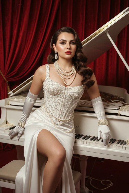 Используйте черты лица, как на прилагаемой фотографии. Высокая мода, гламурная редакционная фотография: элегантная женщина сидит на белом рояле в красной студии с красными бархатными шторами, в наряде из белой сатиновой юбки с разрезом на бедре и множества жемчужных бус — корсет, расшитый жемчугом, многослойные ожерелья, жемчужные браслеты и цепочка на талии, длинные белые сатиновые перчатки. На ушах сережки с бриллиантом. Прическа с укладкой - голливудская волна. На рояле рассыпан жемчуг-бусины жемчуга лежат на клавишах, крышке, под роялем.   

Текстуры сатина и жемчуга детализированы, мягкий теплый кинематографичный свет с драматическими тенями и тонкой контровой подсветкой, создающей сияние на тканях и бусах. Вдохновение винтажным гламуром 1950-х, изысканная поза (слегка откинулась назад на рояль, одна рука на клавишах, ноги изящно перекрещены).

Её макияж тщательно проработан:
Глаза: чётко очерченные, ухоженные брови с заметными волосками, тени с лёгким мерцанием, чёткая чёрная подводка для глаз, создающая нежный кошачий взгляд, и идеально распущенные, объёмные ресницы, подчеркивающие каждую ресничку, с лёгким акцентом на нижних ресницах. Во внутреннем уголке глаза выделяется яркий блик. Радужки глаз отражают рассеянный студийный свет с изысканными узорами.
Щёки: лёгкий, растушёванный румянец натурального розового или персикового оттенка, изящно очерченные скулы и интенсивный, почти влажный блик на выступающих частях лица (скулы, переносица, дуга Купидона), создающий эффект увлажненности и сияния. Губы: губы красного цвета с лёгким бликом на дуге Купидона.

Мелкая зернистость пленки, малая глубина резкости (эффект боке), объектив ~50mm, f/1.8, высокое разрешение, стиль фэшн-редакции.