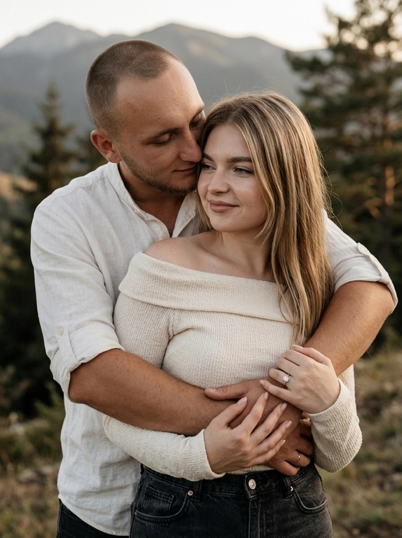 Профессиональный постановочный кадр из парной фотосессии на природе, снятый крупным планом. Атмосфера интимная, нежная и романтичная. Цветовая гамма теплая и глубокая, с преобладанием землистых оттенков: темно-коричневого, бежевого, угольно-серого и приглушенно-зеленого. На заднем плане горы, размытый природный пейзаж. Мужчина обнимает женщину сзади. Мужчина одет в в белую рубашку с закатанными рукавами, его руки плотно обхватывают женщину за талию. Женщина одета в фактурный топ  с открытыми плечами и вырезом «лодочка», черные джинсы с высокой посадкой. Руки женщины расположены поверх рук мужчины, пальцы расслабленно соприкасаются, на безымянном пальце отчетливо видно кольцо с крупным камнем. Лица обоих мягко повернуты друг к другу, акцент сделан на объятия, текстуре одежды и положении рук.