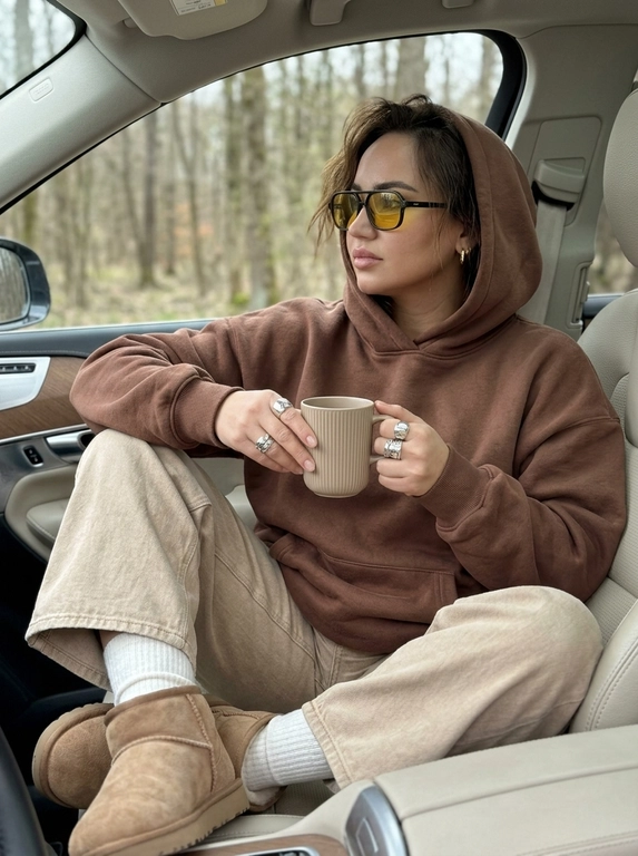 Модель сидит на переднем пассажирском сиденье элегантного автомобиля, повернувшись полубоком к камере, лицо к камере повернуто в три четверти, взгляд направлен вдаль мимо камеры, на ней огромная оверсайз плюшевая толстовка цвета молочного шоколада с капюшоном поверх широких джинсов бежевого цвета, толстые белые носки и уютные уги бежевого цвета с детализированной текстурой. У модели естественный макияж и взъерошенные волосы видны из-под капюшона. На лице надеты солнцезащитные очки в стиле ретро с жёлтыми линзами, в ушах небольшие серьги-кольца. В руках она держит матово-бежевую кофейную чашку с ребристым узором. На пальцах модели крупные серебряные кольца, на которые падает мягкий дневной свет. За окном вид на приглушённый весенний лес с зеленеющими почками на деревьях. Композиция на уровне глаз с небольшой глубиной резкости чётко фокусируется на ней и чашке, в то время как рассеянный дневной свет создаёт резкие тени и блики. Приглушённая палитра серых, чёрных, белых и древесных тонов создаёт уютное весеннее настроение в стиле минимализма благодаря модному редакторскому стилю и гиперреалистичным текстурам.