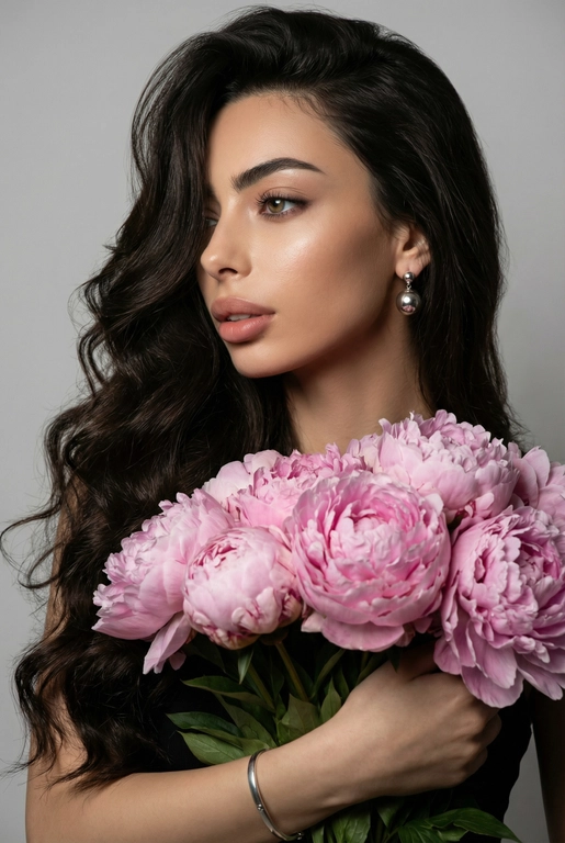 Создайте ультрареалистичный портрет, не меняя черты лица, крупным планом 3/4, с мягкой, освещённой кожей, атласной отделкой и естественным блеском, где женщина изображена в профиле. Спокойное и чувственное выражение лица, губы слегка полуоткрыты. Она носит серебряные серьги-шары и простой серебряный браслет на запястье.
Фон нейтральный, в светло-сером тоне, с тёмным, целенаправленным низким угловым освещением, которое подчёркивает контур лица, текстуру кожи и объём волос. Стиль редактирования — высокая мода, чёткий фокус 8K, реалистичная текстура, изысканная и элегантная атмосфера.


Длинные волнистые волосы покрывают часть лица объёмными локонами, выпадающими на лицо и плечо. 

Цветы: Держит в руках огромный букет розовых пионов