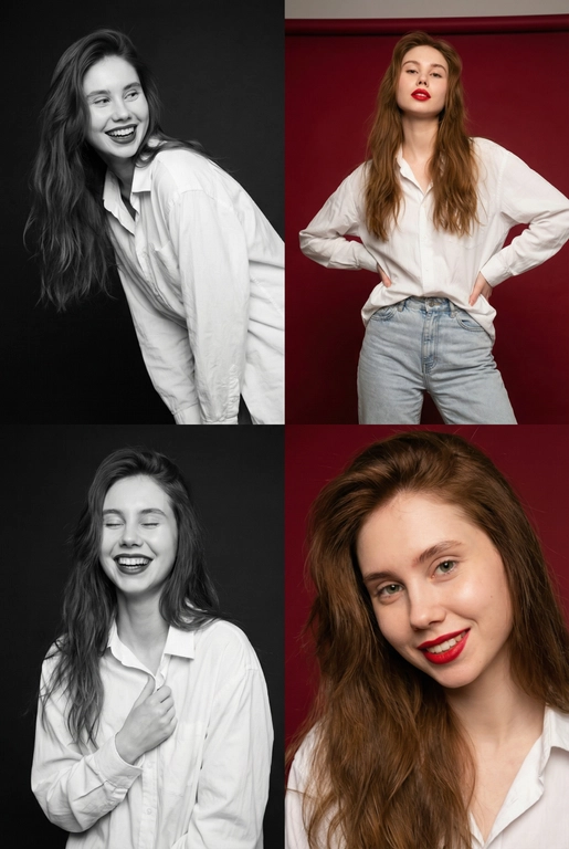 Коллаж из четырёх студийных портретов одной женщины, расположенных в сетке 2×2. Не меняй внешность, цвет и текстуру волос. Все кадры сняты в модном editorial-стиле. Образ — естественная красота, лёгкая небрежность, живые эмоции.
Женщина имеет естественный макияж с акцентом на красные губы. На ней белая очень свободная рубашка мужского кроя на несколько размеров больше, частично расстёгнутая, подчёркивающая линию декольте. В отдельных кадрах она слегка придерживает рубашку руками.
Эмоции и позы:
Верхний левый кадр — чёрно-белый, она наклоняется вперёд, смеётся, взгляд в сторону, живой момент.
Верхний правый — цветной, красный студийный фон, руки на бёдрах, уверенный фэшн-портрет. Снято с нижнего ракурса. Видно часть ее светлых джинс.
Нижний левый — чёрно-белый, она смеётся с закрытыми глазами, держит рубашку у груди, расслабленная поза.
Нижний правый — цветной, крупный портрет, легкая улыбка, слегка наклонила голову в сторону, тёплая улыбка, акцент на губах.
Фон: для цветных кадров — глубокий красный студийный фон, для чёрно-белых — нейтральный тёмный фон.
Освещение: мягкий студийный свет, подчёркивающий текстуру кожи, волосы и складки рубашки. Без жёстких теней.
Композиция: кадры слегка разные по ракурсу, создают ощущение живой съёмки backstage.
Стиль: fashion editorial, lifestyle, natural sexy, cinematic soft light, analog photo vibe, magazine photoshoot, ultra realistic, high detail, skin texture visible, 8k. Волосы распущены и уложены в объемную естественную укладку