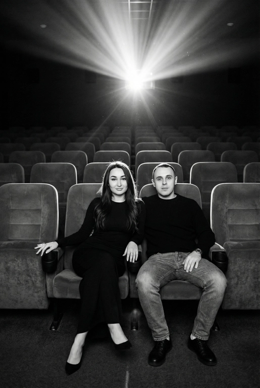  Кинематографичный чёрно-белый портрет пары в пустом кинозале.
Женщина и мужчина сидят рядом в мягких креслах кинотеатра.
кадр с глубоким пространством и пустыми рядами кресел позади них. Женщина черном длинном обтягивающем платье, поза женственная и спокойная, одна рука на подлокотнике.
Мужчина в черном свитере и в джинсах, сидит расслабленно.
Над ними яркий луч проектора, и выразительные блики.