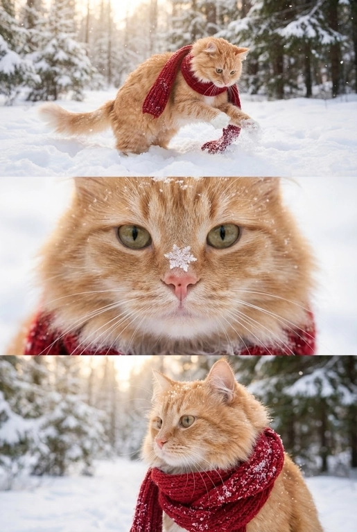     Коллаж из 3-Х фото моего питомца на зимнем фоне в снегу. Питомец в вязаном шарфе, вокруг падает снег, на заднем плане заснеженный лес.

Первый кадр — питомец в полный рост. Он играется со снегом 

Второй кадр — крупный план, увеличенный кадр мордочки питомца с одной снежинкой на носике. Мордочка питомца занимает весь кадр, взгляд прямо в камеру 
 
Третий кадр - портрет питомца, он смотрит в левую сторону. На фото виден шарф, на шарфу есть снежинки 

Три кадра объединены в вертикальный коллаж в едином тоне и свете. Атмосфера — реалистичная, теплая и немного кинематографичная.
Свет мягкий, утренний.  Цвет шарфа - красный 