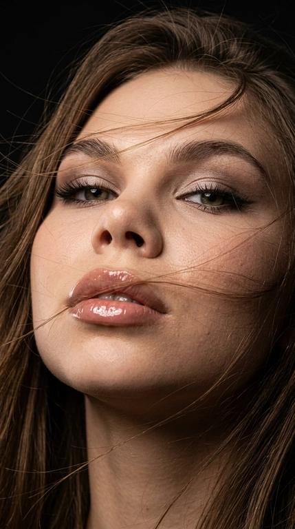 Фотореалистичный цветной beauty-портрет, экстремально крупный план (лицо + шея + ключицы), низкий ракурс снизу вверх, голова слегка запрокинута. Волосы хаотично пересекают лицо, несколько прядей на губах и щеке, ощущение ветра и движения. Взгляд открытый, дерзкий.
Макияж: дымчатые тени с мягким светлым шиммером, чёткая чёрная стрелка, густые ресницы, аккуратно оформленные брови. Губы, с влажным глянцевым блеском, чёткий контур. Кожа без ретуши — естественный чистый  тон, живая текстура, видимые поры, мягкие цветовые переходы света и тени.Модадвя девушка не меняй лицо 
Фон полностью чёрный, минимализм.
Свет: один боковой soft key light + лёгкий fill, высокий контраст, глубокие тени, выразительный рельеф скул и губ. Кинематографичный цветовой свет с естественными оттенками кожи и лёгкими тёпло-холодными нюансами. Лёгкий rim/back light для отделения от фона.
Съёмка в стиле fashion editorial. Сверхрезкий фокус на глазах и губах, малая глубина резкости. 
Ideal quality settings: ultra-realistic 8K, hyper-detailed, sharp focus; shallow depth of field, natural bokeh; HDR ,; cinematic color grading; lens 85mm / 50mm / 35mm; aperture f/1.4–f/2.8; key light at 45°, soft shadows; clean white balance; natural skin tones, glossy highlights.