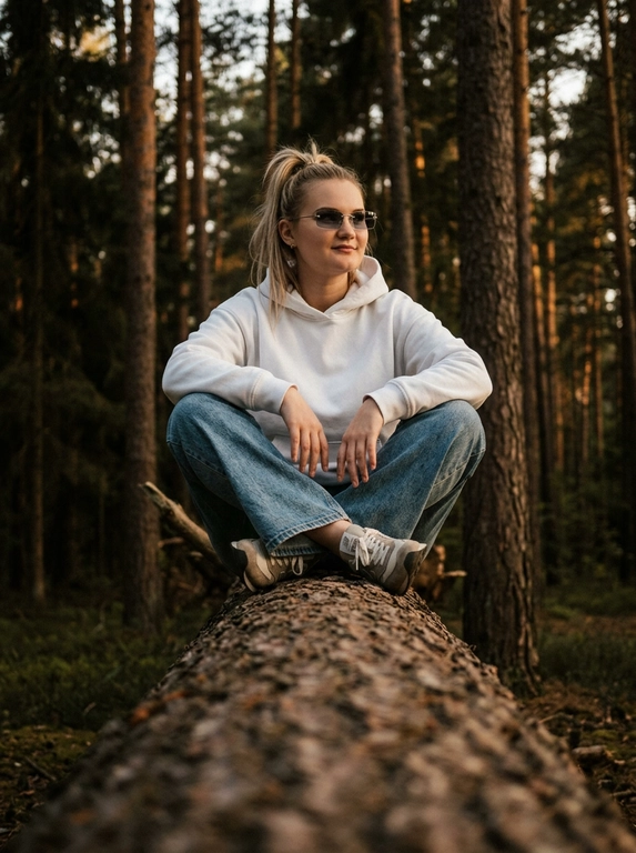 Объектив 35mm, f/1.8, камера расположена очень низко прямо вдоль массивного поваленного дерева, создавая сильную перспективу переднего плана — текстура коры крупно размывается к камере и уводит взгляд к модели. Модель сидит на бревне по-турецки, ноги скрещены перед собой, локти расслабленно опираются на колени, кисти свободно свисают между ног. Корпус слегка подан вперёд, плечи расслаблены, голова повёрнута в сторону, на лице мягкая улыбка без зубов, взгляд направлен вдаль мимо камеры, создавая спокойную уютную атмосферу caught candid moment. На ней белое oversize худи из плотного премиального хлопка с объёмным капюшоном и длинными рукавами, синие свободные джинсы с потёртостями и слегка выцветшей текстурой денима, на ногах белые кроссовки в стиле New Balance с массивной подошвой. На глазах узкие прямоугольные солнцезащитные очки Miu Miu без оправы с серыми зеркальными стёклами. Высокие хвойные деревья вокруг, cinematic forest atmosphere, тёплый вечерний свет проходит сквозь ветви, глубокие тени и мягкие золотисто-коричневые оттенки, moody underexposed fashion photography, intentionally lowered exposure, rich shadows, subtle warm highlights, лёгкая плёночная зернистость, RAW photo, реалистичная текстура кожи, объёмное боке, luxury Pinterest editorial aesthetic.

Какая будет прическа?: Волосы собраны в высокий хвост