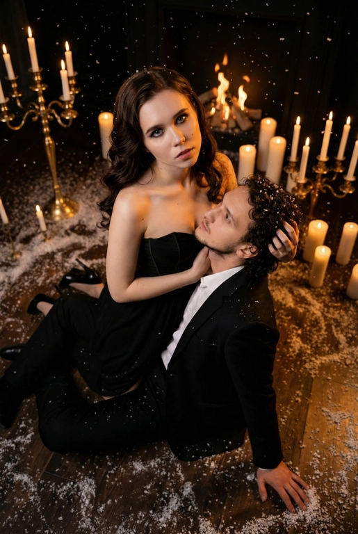 Ракурс камеры чуть сверху и сбоку. Романтическая и драматичная сцена в тёмном помещении. На полу сидит пара — мужчина и женщина верхом на мужчине в тесном, интимном положении. Женщина повернута к камере, её лицо поднято вверх, взгляд в камеру, хорошо освещено мягким тёплым светом. Она смотрит прямо вперёд, немного приоткрыв губы, с выразительным, глубоким взглядом. Если у женщины на фото длинные волосы. то они уложены в роскошные голивудские волны. Если короткие, то волосы просто красиво лежат.  На ней женщине длинное черное платье с лифом-бюстье без бретелей, подчеркивающее силуэт, создающими драматический силуэт.

Мужчина сидит у её груди, склонив голову к ее ключице и смотрит в ее лицо снизу вверх, словно обнимая её, одной рукой. Другой рукой упирается в пол позади себя. Он в чёрном классическом костюме и белой сорочке. Женщина одной рукой держит его за затылок, пальцы мягко погружены в волосы, создавая ощущение близости и страсти.

Вокруг пары падают искусственные снежинки — мелкие белые хлопья, подсвеченные тёплым светом свечей, что создаёт атмосферу зимней магии и романтики. На полу вокруг них разбросан «снег», добавляя глубины сцене.

Позади пары стоят золотистые и латунные канделябры с горящими свечами — тонкие высокие свечи создают мягкое золотое сияние. Из-за низкого освещения фон почти исчезает, оставляя только теплые огоньки и силуэты свечей. Освещение — контрастное: тёплый свет от свечей и мягкая направленная подсветка на лица. Очень темное фото.

Пол — тёмный, возможно деревянный, слегка блестящий от света. Атмосфера кадра — готическая, чувственная, тёплая, драматическая и немного мистическая.