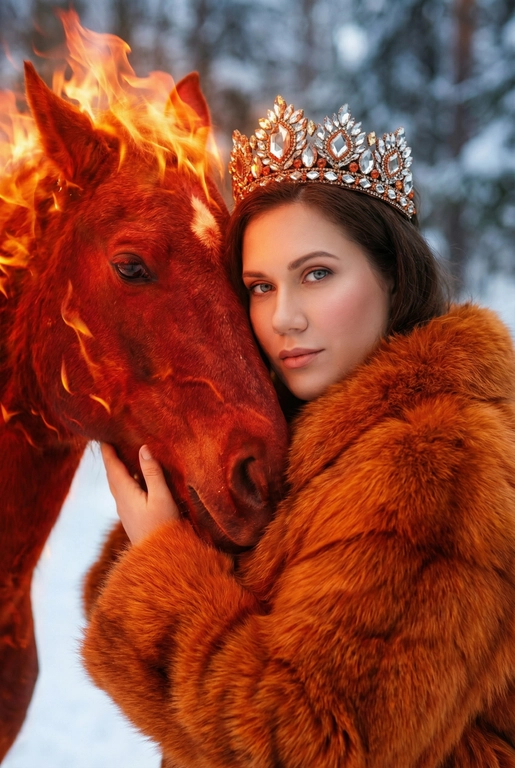  Высокофэшн Vogue editorial fantasy портрет крупным планом, воссоздающий сцену максимально точно. Интимный, плотный кадр от плеч и выше. Женщина слегка повернута в три четверти к камере, с спокойным, эфирным выражением лица и прямым, притягательным взглядом. Она нежно прижимается к шее величественного огненного коня, их лица расположены очень близко друг к другу в пределах кадра. На ней роскошная оранжевая меховая шуба с богатой, густой текстурой и выраженным объёмом, заполняющим передний план кадра. Мех выглядит мягким, дорогим, глубоко проработанным. На голове - эффектная оранжевая корона, инкрустированная сверкающими кристаллами с зеркальными гранями, которые ловят и преломляют огненный свет. Редакционный макияж подчёркивает сияющую фарфоровую кожу, лёгкий румянец и естественные губы. Конь изображён как живое воплощение огня: глубокие багряно-красные оттенки, светящиеся раскалённые трещины на коже, грива из струящихся языков пламени, частично видимая рядом с её лицом. Интенсивный тёплый оранжево-красный огненный свет освещает корону, мех и черты лица, создавая резкий контраст с холодными, приглушёнными оттенками заснеженного зимнего леса на мягко размытом заднем плане. Кинематографичный свет сочетает огненные блики и холодные рассеянные тени. Ультрамалая глубина резкости изолирует лица, усиливая ощущение близости. Мифическая сказочная элегантность, союз моды и фэнтези. Ультрадетализированная реалистичная фотография, качество обложки модного журнала. Съёмка на высококлассную среднеформатную камеру, объектив 85 мм, диафрагма f/1.8. Кинематографичная цветокоррекция. Без текста, без логотипов, без водяных знаков.