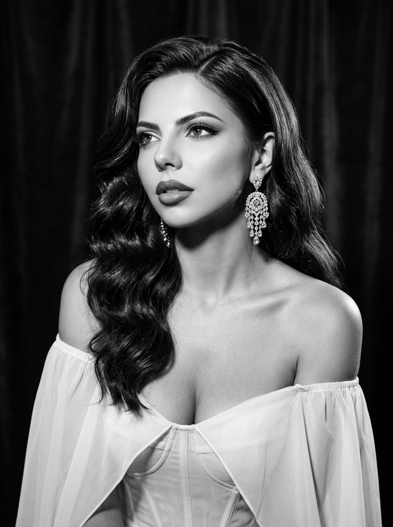 Фотореалистичный контрастный чёрно-белый glamour/editorial портрет в стиле Old Hollywood, вертикальный кадр по грудь. Женщина в 3/4, корпус чуть наклонён вперёд, плечи открыты; голова повернута влево, взгляд вверх/в сторону (не в камеру), губы чуть приоткрыты, выражение драматичное и кинематографичное.  Образ: полупрозрачный белая накидка из шифона с длинными струящимися рукавами, под ним корсет; на ушах крупные серьги со стразами/каскадом. Макияж: классический вечерний glam (в ч/б читается как контраст) — чёткие брови, мягкие smoky тени, тонкая стрелка, длинные ресницы, губы с чётким контуром и сатиновым финишем. Фон: тёмный студийный с мягким рисунком/драпировкой (как бархатные шторы), размытый. Свет: жёсткий key слева спереди (beauty dish) + контровой/rim справа для отделения волос, глубокие тени, яркие блики на скулах и волосах, богатый тональный диапазон (глубокие чёрные и сливочные белые). Камера: 85mm, f/2.0–2.8, ISO 100–200, 1/160, резкость на глазах и губах, фон в мягком боке, лёгкое плёночное зерно, без “пластика”.

Какая будет укладка? : Волосы: объёмные голливудские волны, аккуратная укладка с сильным объёмом и мягкими завитками, блеск волос.