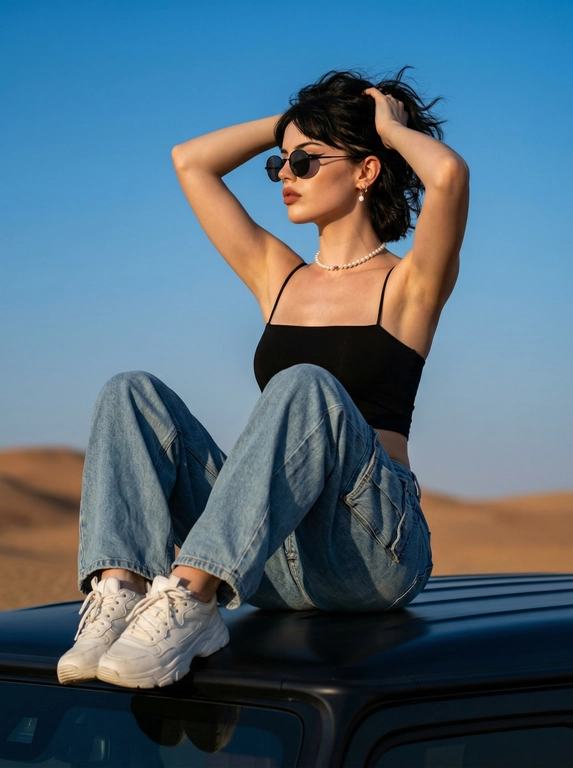 СЪЁМКА: высоконтрастное фото, естественная перспектива смартфона, акцент на лице, чёткий фокус на глазах, живое естественное фото, кадр выглядит как случайно пойманный момент ночной съёмки на телефон. лёгкая глубина резкости: лицо в резком фокусе, фон мягко размывается. естественные пропорции тела в движении.
СЦЕНА: женщина сидит на крыше черного внедорожника, широко расставив ноги и согнув их в коленях. руки закинуты за голову и погружены в волосы. прическа выглядит намеренно небрежной и «взъерошенной». девушка обеими руками приподнимает волосы на макушке, открывая лицо и шею, что придает образу динамику и ощущение свободы. отдельные пряди хаотично выбиваются, подчеркивая дикую, непринужденную эстетику.
голова повернута в профиль.
ВНЕШНОСТЬ: выразительный макияж глаз и губ: длинные ресницы с эффектом лисьего взгляда, черные стрелки с хвостиком. губы с мягким естественным контуром, покрыты матовой помадой, просматривается микрорельеф губ. лёгкий естественный хайлайтер на скулах и переносице.
длинные, заострённые ногти формы stiletto с глянцевым покрытием.
Одета в короткий черный топ на тонких бретелях. ткань топа тонкая, облегающая, подчеркивающая фигуру. объемные широкие джинсы голубого цвета в стиле «карго» или оверсайз-джоггеры. массивные белые кроссовки.
Круглые черные солнцезащитные очки в тонкой оправе, придающие лицу футуристичный и дерзкий вид.
короткое ожерелье из мелкого жемчуга или светлых бусин (чокер). небольшие серьги-подвески.
действие происходит на открытой местности. на заднем плане видны пологие пустынные холмы или песчаные дюны золотисто-коричневого оттенка. большую часть кадра занимает абсолютно чистое, безоблачное небо насыщенного нежно-голубого цвета. в нижней части кадра видна матовая черная поверхность крыши автомобиля.снимок сделан с нижнего ракурса (камера направлена снизу вверх). это визуально удлиняет фигуру, делает позу более величественной и доминирующей, а также позволяет полностью очистить задний план от лишних деталей, оставив только модель, холмы и небо.мягкое естественное освещение, характерное для «золотого часа» перед закатом. свет падает сбоку, мягко очерчивая контуры тела, подчеркивая рельеф пресса и создавая теплые блики на коже. при этом небо остается ярким, а машина уходит в глубокую, плотную тень.атмосфера снимка пропитана духом приключений, свободы и современной «инста-эстетики». это сочетание высокой моды (аксессуары, обувь) и дикой природы. кадр выглядит как профессиональная съемка для лукбука молодежного бренда одежды. общее настроение — уверенность и беззаботность.
высокое качество, высокая текстурная детализация, разрешение 8К