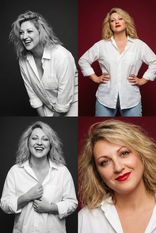 Коллаж из четырёх студийных портретов одной женщины, расположенных в сетке 2×2. Не меняй внешность, цвет и текстуру волос. Все кадры сняты в модном editorial-стиле. Образ — естественная красота, лёгкая небрежность, живые эмоции.
Женщина имеет естественный макияж с акцентом на красные губы. На ней белая очень свободная рубашка мужского кроя на несколько размеров больше, частично расстёгнутая, подчёркивающая линию декольте. В отдельных кадрах она слегка придерживает рубашку руками.
Эмоции и позы:
Верхний левый кадр — чёрно-белый, она наклоняется вперёд, смеётся, взгляд в сторону, живой момент.
Верхний правый — цветной, красный студийный фон, руки на бёдрах, уверенный фэшн-портрет. Снято с нижнего ракурса. Видно часть ее светлых джинс.
Нижний левый — чёрно-белый, она смеётся с закрытыми глазами, держит рубашку у груди, расслабленная поза.
Нижний правый — цветной, крупный портрет, легкая улыбка, слегка наклонила голову в сторону, тёплая улыбка, акцент на губах.
Фон: для цветных кадров — глубокий красный студийный фон, для чёрно-белых — нейтральный тёмный фон.
Освещение: мягкий студийный свет, подчёркивающий текстуру кожи, волосы и складки рубашки. Без жёстких теней.
Композиция: кадры слегка разные по ракурсу, создают ощущение живой съёмки backstage.
Стиль: fashion editorial, lifestyle, natural sexy, cinematic soft light, analog photo vibe, magazine photoshoot, ultra realistic, high detail, skin texture visible, 8k. Волосы распущены и уложены в объемную естественную укладку