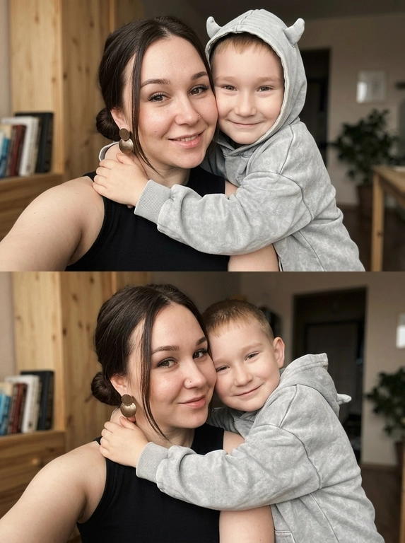 Дорогой lifestyle момент, но снят случайно, как сторис без каких либо табличек. Фотореализм, фото снято на iPhone 17 Pro Max, нет идеальной симметрии нет постановочного ощущения. Кожа выглядит сияющей. видно текстуру кожи, поры, RAW photo. Не меняя внешности людей с фото, модель делает селфи, сцена запечатлена в интимной домашней атмосфере с мягким рассеянным светом, создающим глубокие, но мягкие тени, которые подчеркивают объем и придают объятиям тепло и уют. В кадре ребенок  в светло-сером вареном оверсайз худи с очень объемным капюшоном, который имеет две выступающие детали, напоминающие  рожки; он обнимает модель за плечи, его руки мягко, но крепко охватывают её. Ребенок повернут лицом к камере, в выражении улыбки.

Если модель - женщина, то она одета в черную майку без рукавов, в ушах — большие круглые серьги, которые деликатно сверкают в приглушенном свете. Если модель - мужчина, то он одет в черную футболку. 

Модель повернута слегка в сторону, сохраняя спокойное и уверенное выражение лица четко очерченные брови. Обе фигуры занимают центральное пространство кадра, что усиливает эмоциональную связь между ними, проявленную в нежном объятии и теплых взглядах. Фон интерьера скромный и темный, с ненавязчивыми элементами мебели, частично затененный, что не отвлекает от главных героев, но добавляет глубины и создаёт ощущение домашнего уюта. Тон цветокоррекции выдержан в прохладных серо-синих гаммах с легкими акцентами на теплые оттенки кожи, что придаёт изображению кинематографичную, искреннюю и мягкую атмосферу, полную внутреннего тепла и близости, фотореалистичное изображение, высокая текстурная детализация, высокое качество 
Фото коллаж
Вертикальный, разные позы на фотографии верхней и нижней, но на обоих фотографиях модель делает селфи, одежда должна быть одинаковой.
Негативный промт: телефон в кадре.

Доп. характеристики: Волосы девушки собрать в низкий пучок 
Несколько прядей спадает на лицо