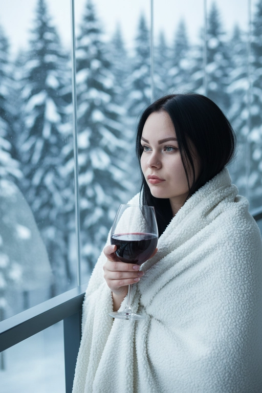 Профессиональная фотография потрясающей женщины в стиле fashion lifestyle со сверхвысоким разрешением, возьмите за основу прилагаемую фотографию и максимально сохраните все черты лица, сохранив точные черты лица, цвет глаз, волос и тон кожи, завернутые в толстое белое пушистое одеяло, с бокалом красного вина в руках. вино, задумчиво смотрящий в сторону с поджатыми губами, на современном стеклянном балконе с видом на густой заснеженный еловый лес зимой, мягкий естественный рассеянный дневной свет с прохладными тенями, портрет крупным планом, снятый от груди и выше под небольшим углом, безмятежная уютная романтическая атмосфера, холодные бело-голубые снежные тона с теплыми акцент на красном вине, небольшая глубина резкости, четкий фокус на лице и бокале, фон в стиле боке, редакционный снимок красоты, 8K, сверхдетализированная, профессиональная фотография.