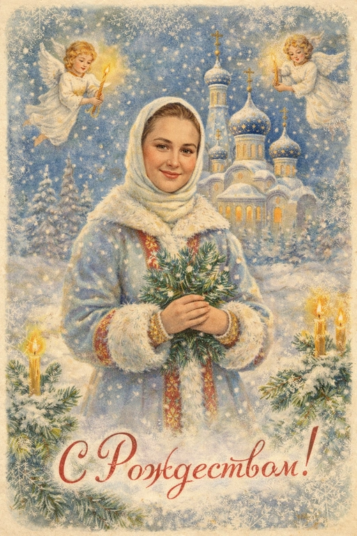 Создай винтажную рождественскую открытку со всеми людьми или одним человеком из предоставленных фотографий. Стиль - советские сказочные открытки 1950-1970-х годов, мягкая живописная иллюстрация, ощущение тепла и уюта. Композиция и формат: • Персонажи остаются в центре композиции • Фон - православная церковь, зимняя сказочная атмосфера Лица: • Лица сохранить максимально похожими на оригинальную фотографию (one-to-one likeness) • Без изменения черт лица, возраста и эмоций • Реалистичное сходство, аккуратная художественная стилизация без искажений. Одежда и образы: • Заменить современную одежду на старинную зимнюю советскую одежду. Если человек- женского пола , то добавь белый платок на голову. ⁠ Декор и детали:  • Хвойные ветки • ангелочки в сказочном стиле, церковные свечки • Лёгкий снег, морозные узоры Цвет и атмосфера: • Светлая, зимняя, мягкая цветовая палитра • Пастельные оттенки, эффект старой бумаги, легкое зерно • Сказочное, теплое новогоднее настроение  • Шрифт - изящный, рукописный, сказочный, в стиле советских открыток. Надпись: «С Рождеством!»