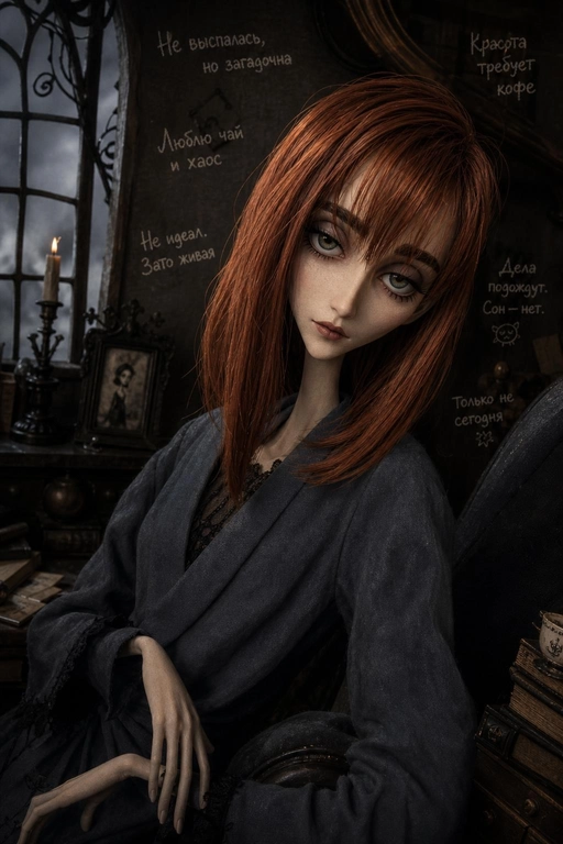 use this fhoto. 

Выберите стиль: turn the person from the uploaded photo into an eerie but beautiful gothic stop-motion fairy-tale fashion character. Use the uploaded photo as the strict reference for pose, composition, body direction, outfit logic, facial mood, hand placement and main furniture. Do not reinvent the pose. Do not change the chair, doorway, sofa or any key object from the reference.  Preserve the original body language and silhouette, but stylize the person into a clean, elegant stop-motion character: elongated thin neck, angular but beautiful face, hollow cheeks, large tired eyes with heavy lids, small serious mouth, slightly asymmetrical sculpted face, graceful strange proportions, expressive hands, refined gothic beauty.  The character should look like a smooth physical stop-motion figure photographed in a miniature set: clean matte sculpted face, polished clay/plasticine-like forms, painted facial details, stylized sculpted hair strands, neat fabric clothing, real shadows, contact shadows, visible depth, practical studio lighting, soft cinematic shadows. No flat illustration, no rough craft texture.  Transform the scene into a dark elegant gothic stop-motion fairy-tale world: crooked old window, antique furniture, candlelight, theatrical shadows, old wood, gothic doorway or miniature room, melancholic dark humor, clean eerie beauty. The frame should feel like a beautifully crafted gothic stop-motion animation still, not a fashion photo.  Keep the outfit stylish, clean and intentional. Preserve the outfit logic from the reference, but make it gothic, theatrical and fashion-aware. If legs are visible, make them long, thin, elegant and slightly unreal, but anatomically clean, dimensional and believable.  Add 5–7 clearly readable handwritten Russian notes around the character, medium-sized, chalk-like, physically written on the wall or nearby surfaces. Short witty phrases, 2–6 words each. Ironic, slightly absurd, character-specific, not generic poetic quotes. Minimal arrows and tiny doodles.  IMPORTANT STYLE: smooth gothic stop-motion animation, clean matte puppet surface, elegant angular face, dark fairy-tale miniature set, refined fashion character, melancholic comedy, strange beauty, theatrical but clean.  NEGATIVE: photorealistic human, live-action fashion editorial, realistic pretty woman, soft romantic portrait, cute doll, porcelain doll, baby doll, anime doll, Disney-like, Pixar-like, glossy AI beauty, digital painting, watercolor, flat sketch, wool doll, felt doll, fuzzy texture, sand-like texture, rough fabric skin, gritty dirty skin, broken puppet, horror doll, skeletal body, exposed joints, twisted limbs, wooden stick legs, plastic commercial 3D, messy dirty clothes, unreadable tiny handwriting, too many arrows, large text blocks.

Доп. характеристики: Рыжие волосы