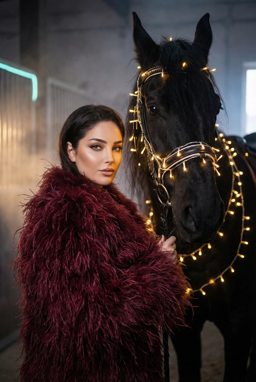 Создай крупный портрет, не меняя черты лица. Фотография в стиле высокой моды. Женщина, одетая шубу из пера страуса. Она стоит рядом с вороной лошадью, которая полностью обвита светящимися теплым светом гирляндами. Гирлянда также идет поверх узды.  Освещение драматичное, кинематографичное, с  неоновым свечением и легкой дымкой на заднем плане в конюшне . Высокая детализация, 8k, профессиональная съемка. Лицо девушки освещено мягким теплым светом. Глубокие тени, туман, мистическая и сюрреалистичная атмосфера. Фото на камеру 35mm, малая глубина резкости. Цвет шубы - бордовый