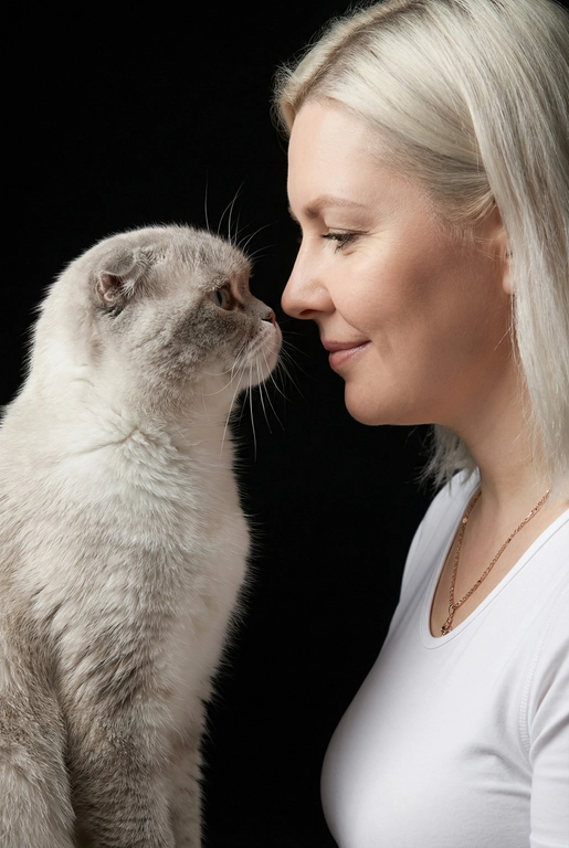 Сделай фото со мной и моим питомцем. Реалистичное фото, с высокой детализацией. Снимок меня и моего питомца в профиль. Фото сделано первым средним планом (Medium CloseUP), в кадре видно часть туловища (с головы до середины груди).
Я стою лицом к своему питомцу в строгий профиль, смотрю прямо на него.
Мой питомец расположен прямо напротив моего лица, также в профиль, смотрит прямо на меня. Наши носы почти соприкасаются. Наши головы могут быть наклонены: например, моя голова наклонена немного вниз, а голова питомца наоборот повыше. Четкая визуальная симметрия между моем лицом и головой моего питомца.
Студийное освещение, мягкий свет, создающий контрастность и скульптурные тени, на самом лице минимум тени. 
 У меня легкая улыбка, питомец смотрит с дружелюбным настроем. Фон черный. 