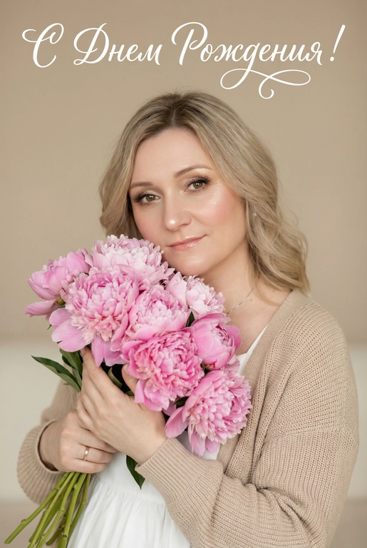 Нежный естественный портрет женщины, смотрящей в камеру и мягко улыбающейся. Она держит большой букет розовых пионов близко к груди. Уютное романтическое настроение. Белое платье, бежевый вязаный кардиган. Эффектный макияж на лице:  бежевые тени с лёгким мерцанием, длинные объемные ресницы, сияющий хайлайтер на скулах и кончике носа, блеск на губах,  легкий розовый румянец, сияющая кожа, нежная женская красота. 

Нейтральный бежевый фон. Мягкий рассеянный дневной свет, малая глубина резкости, кинематографическое боке. Стиль редакционной фотографии, теплая пастельная цветовая палитра, высокая детализация, реалистичная текстура кожи, эффект объектива 85 мм, f/1.8, лайфстайл-фотография. Наверху поверх фото белым красивым рукописным шрифтом с завитками написано:  : -  С Днем Рождения!